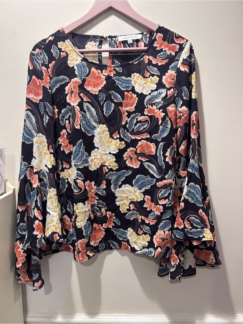 Rose & Olive Black Floral Ruffle-Sleeve Blouse with Coral & Yellow